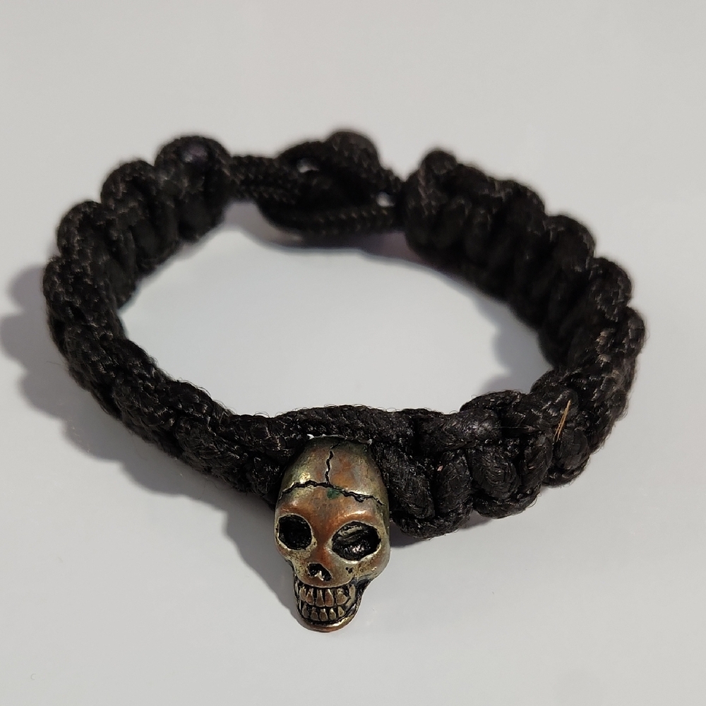 Men's Black Braided Drawstring Bracelet with Skull Charm
